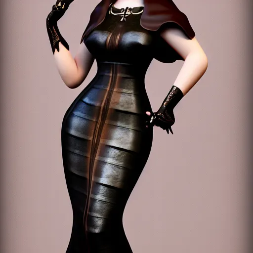 Image similar to curvy feminine hot goth cutie with sublime modest elegant patterned bronze-black snakeskin leather neck-high gown, cgsociety, photorealistic, comfy ambience, idealistic, 16k, smooth, sharp focus, trending on ArtStation, volumetric lighting, fully clothed, worksafe