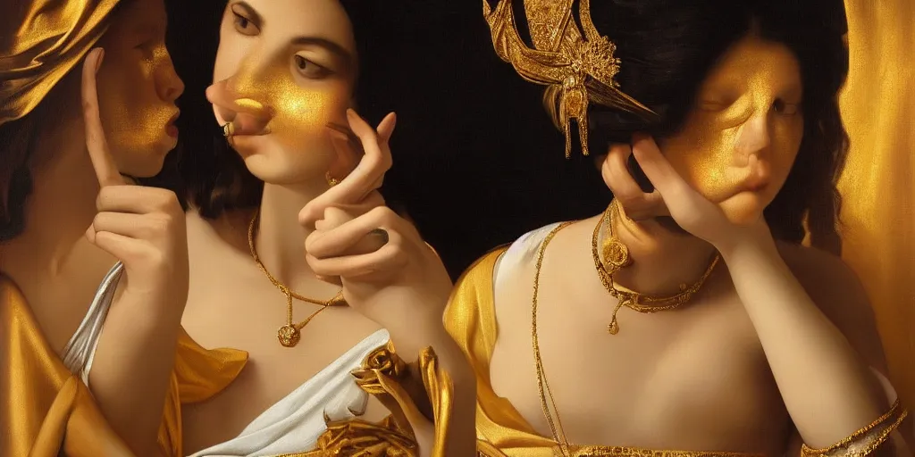 Image similar to beautiful oil matte painting, women with gold skin showered with diamonds, wonderful masterpiece highly detailed, beautiful cinematic light deep focus, elegant, digital painting, smooth, sharp focus, golden ratio, dramatic illumination, ultra realistic, 8 k, art by artemisia lomi gentileschi and caravaggio