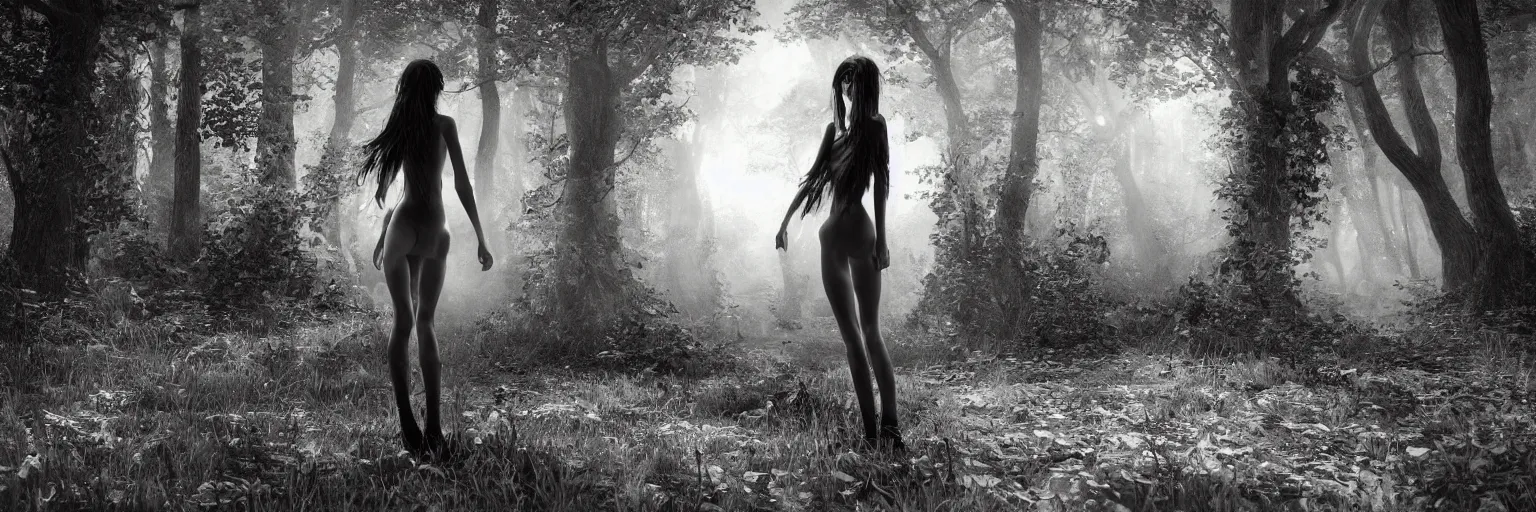 Image similar to epic fantasy render of a skinny witch girl body, no dress, long dark hairs, posing, woods, black and white, highly detailed, cinematic, hyperrealism, dynamic lighting, up light, octane render