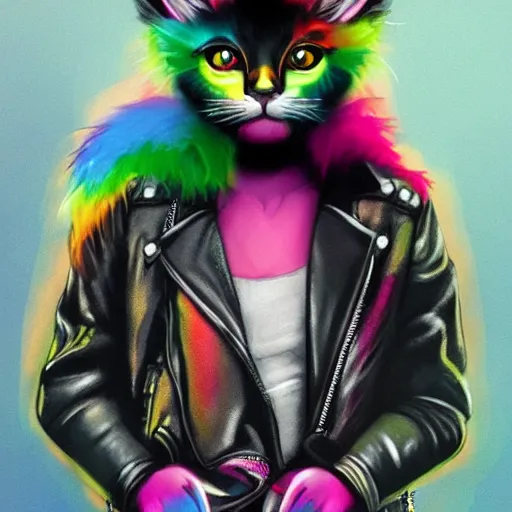 Image similar to wide angle full body, jacket wearing fluffy cute rainbow kitten wearing a black leather motorcycle jacket, cinematic concept art