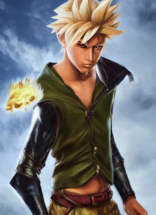Image similar to An epic fantasy comic book style portrait painting of boy fantasy thief with blonde hair yu-gi-oh style , unreal 5, DAZ, hyperrealistic, octane render, cosplay, RPG portrait, dynamic lighting