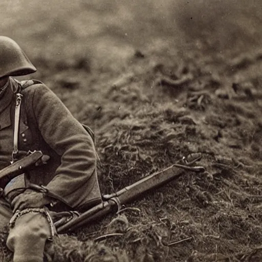 Prompt: cute fluffy caracal in trenches of ww 1, wearing ww 1 hermet, with rifle, old photo, hyperrealistic detailed 8 k