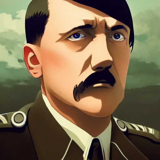 Image similar to a film still portrait of hitler, medium shot, finely detailed features, cinematic lighting, anime key visual, trending on pixiv fanbox, painted by makoto shinkai, studio ghibli, greg rutkowski, wlop