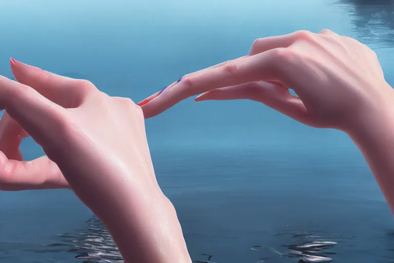 Image similar to first person perspective of a woman looking at her hands full of rings, the woman is reflected in the water of a lake, in the style of ruan jia, illustration, epic, fantasy, hyper detailed, smooth, unreal engine, sharp focus, ray tracing