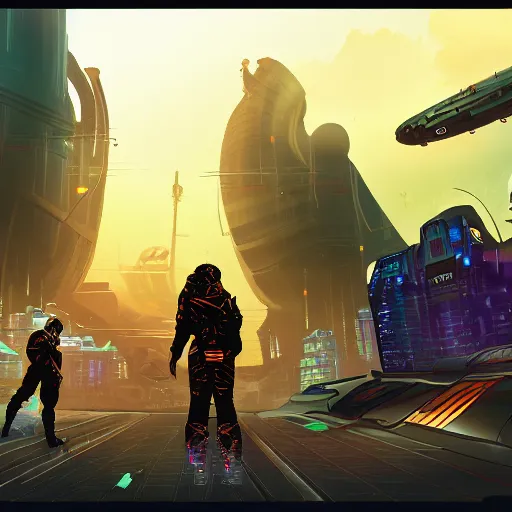 Image similar to concept art of an rpg game with a cyberpunk theme set on a space station