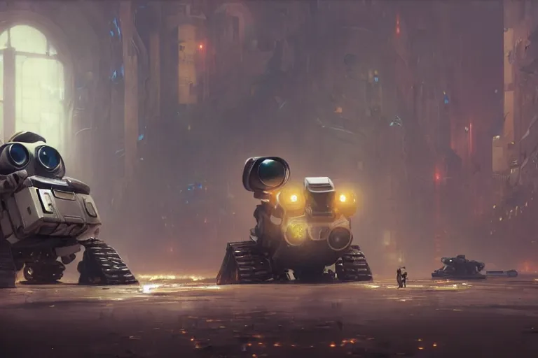 Prompt: wall-e in a scene from nier automata, artstation, concept art, smooth, sharp focus, illustration, art by and greg rutkowski and alphonse mucha