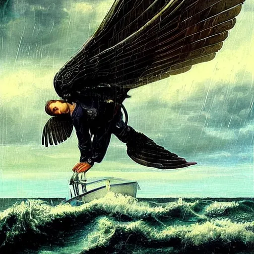 Image similar to a fourteen year old boy with and enormous mechanical bird wing strapped to his back, standing on the back of a boat in a storm, his arms spread. ready to fly, icarus, winged boy, rain, clouds, waves, splash, painting by karol bak