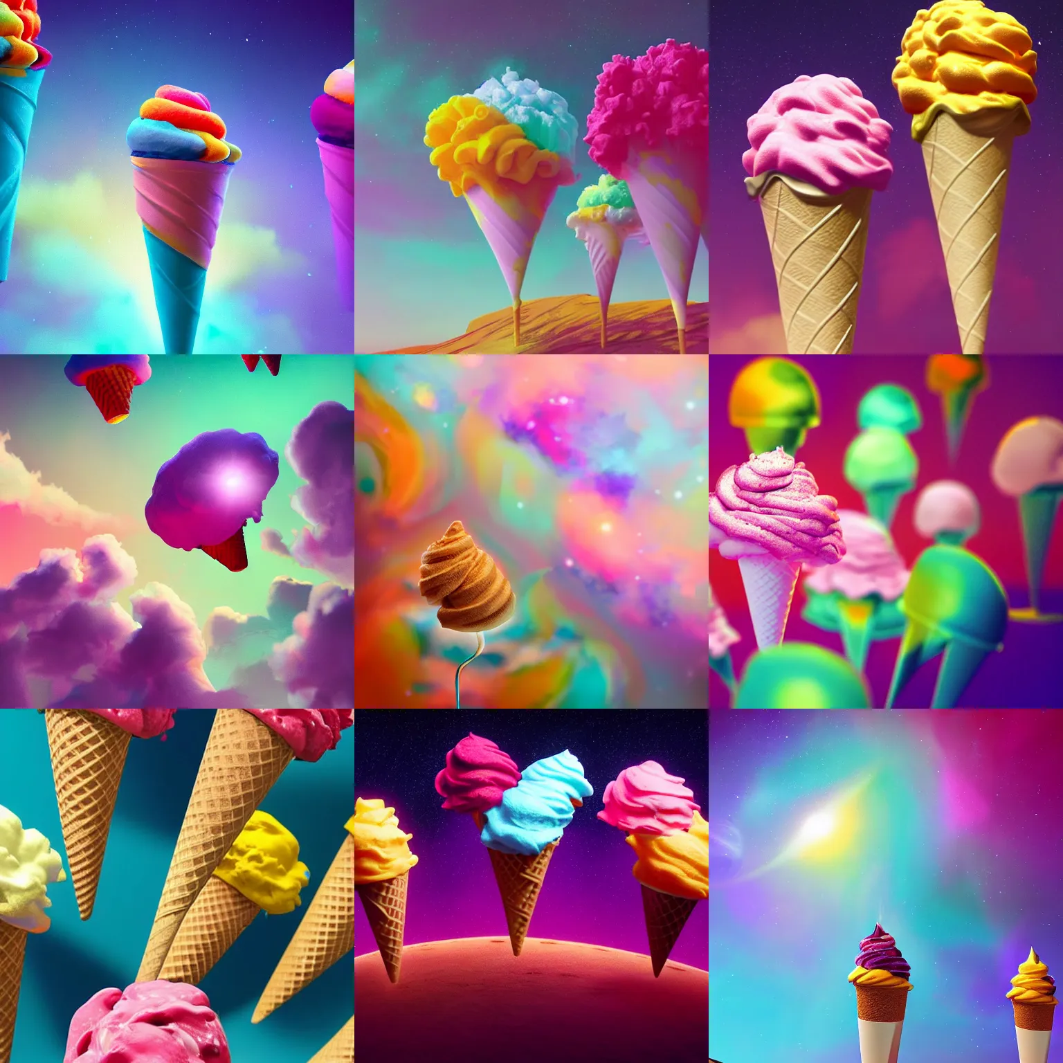 Prompt: soft - serve ice cream cones in a colorful cosmos, dramatic lighting, cinematic, extremely high detail, photorealistic, cinematic lighting, post processed, concept art, artstation, matte painting, style by greg rutkowsky