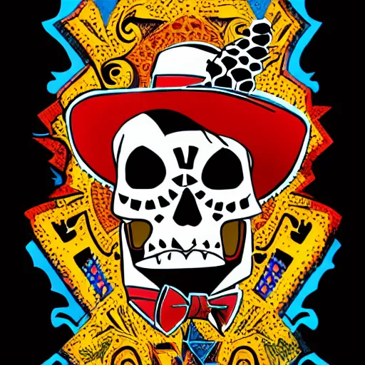 Image similar to manny calavera from grim fandango, game concept art, flat colours, bright colours, mexican day of the dead festival background by peter chan, artstation,