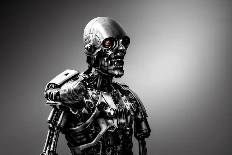 Image similar to still photo of a iron age war cyborg looking at the camera in a battlefield, black and white color aesthetic, highly detailed, photorealistic portrait, bright studio setting, studio lighting, crisp quality and light reflections, unreal engine 5 quality render