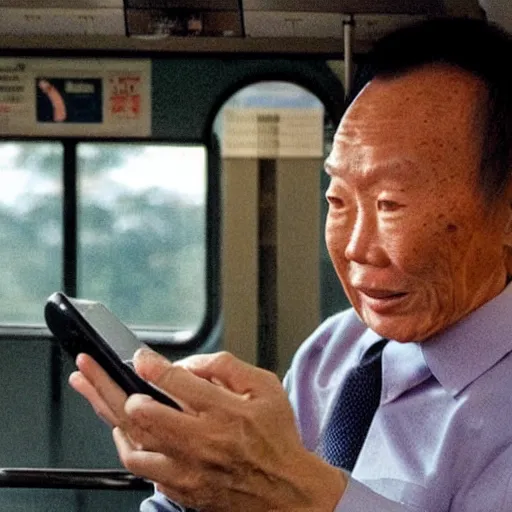 Prompt: candid photo of Lee Kuan Yew squinting disapprovingly at his phone while riding the train