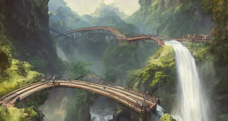 Image similar to A beautiful digital painting of train bridge, waterfall, lovely valley by Stanley Artgerm Lau, frank frazetta, Rossdraws, James Jean, gerald brom, Andrei Riabovitchev, Marc Simonetti, and Sakimichan, trending on artstation