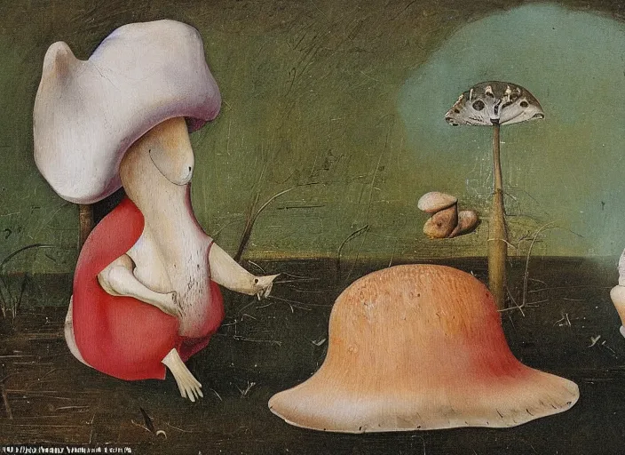 Image similar to a painting of a cute creature sitting next to a mushroom, detailed, realistic, in style of hieronymus bosch