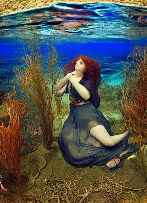 Image similar to under the sea on the seabed amongst the weeds, underwater shot, medium shot, on the bed of the river preraphaelite colour photography by rosetti, 8 k