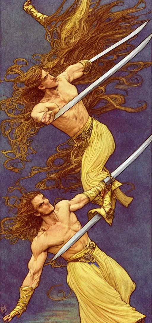 Image similar to one golden swordsman wielding two swords leans back as he lunges elegantly in the wind, his robes and long hair flowing in the breeze, fantasy, Mucha, MTG, Game of Thrones, salsa dancing, Rossetti, Millais, anatomically correct