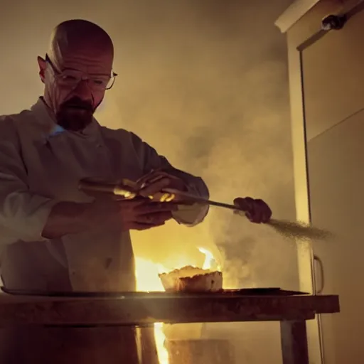 Image similar to walter white making pizza with a blowtorch in the desert, dramatic lighting, still from breaking bad