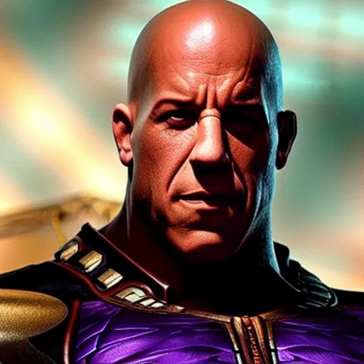 Image similar to vin diesel as thanos, 8k, hyper realistic, cinematic