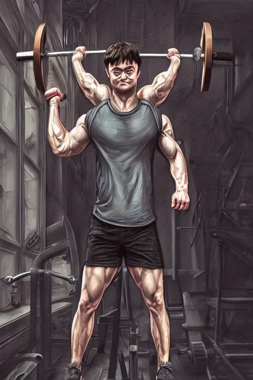 Image similar to highly detailed rendering of Daniel Radcliffe as Harry Potter doing barbell back squats, dingy workout gym, wearing a muscle tee shirt, muscular deep squats, symmetrical, highly detailed, digital painting, artstation, concept art, smooth, sharp focus, illustration, cinematic lighting, art by artgerm and greg rutkowski and alphonse mucha