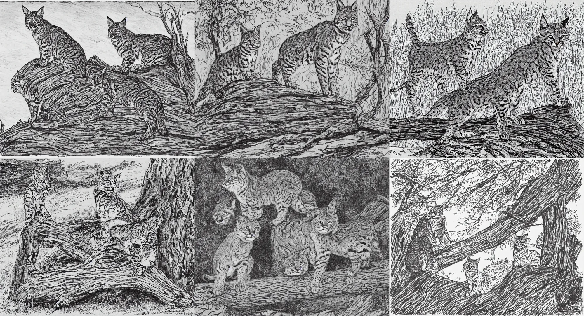 Prompt: bobcat standing alone on a log, by Currier & Ives, black and white, line art, pen & ink drawing, character concept