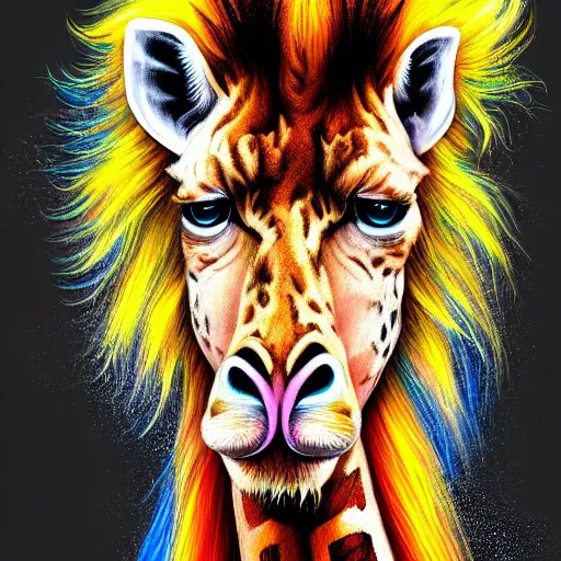 Image similar to portrait of a cute fluffy giraffe with long colorful flowing lion mane with mohawk hairstyle hybrid animal detailed painting 4 k