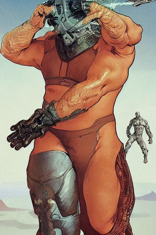 Image similar to upper body portrait of an older brock lesnar wearing a scifi dune stillsuit, nebula in the background, illustration by normal rockwell and greg rutkowski and alphonse mucha