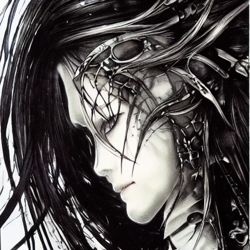 Image similar to yoshitaka amano realistic illustration of an anime girl with wavy white hair and cracks on her face wearing elden ring armour with the cape fluttering in the wind, abstract black and white patterns on the background, noisy film grain effect, highly detailed, renaissance oil painting, weird portrait angle