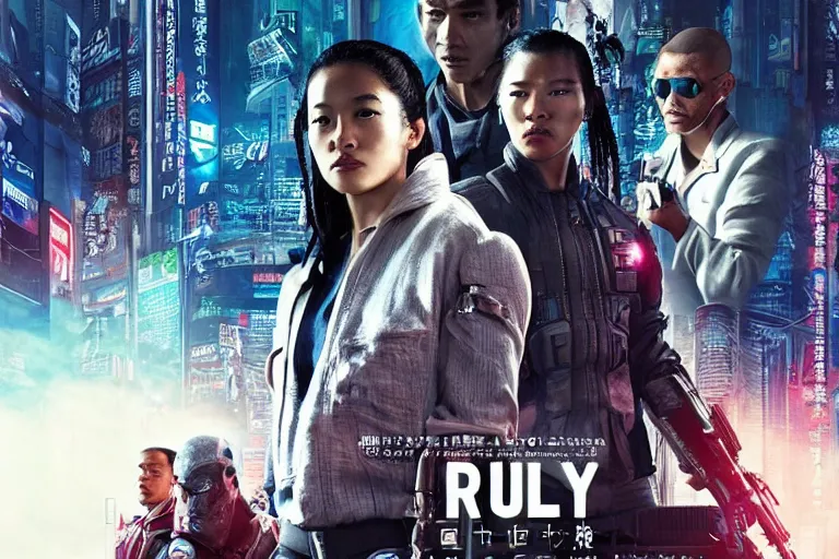 Image similar to movie diverse interracial team of Japanese sci-fi futuristic robbers armed with rifles interior clean futuristic tactical van, cyberpunk city, beautiful skin, Symmetrical faces. natural lighting by Emmanuel Lubezki