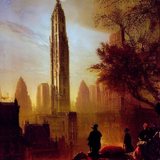 Image similar to opalescent, play doh by alan bean, by andreas achenbach. experimental art. a cityscape in which tall, imposing buildings loom over a small city park. the scene is suffused with a eerie, light, & the overall effect is one of foreboding & menace.