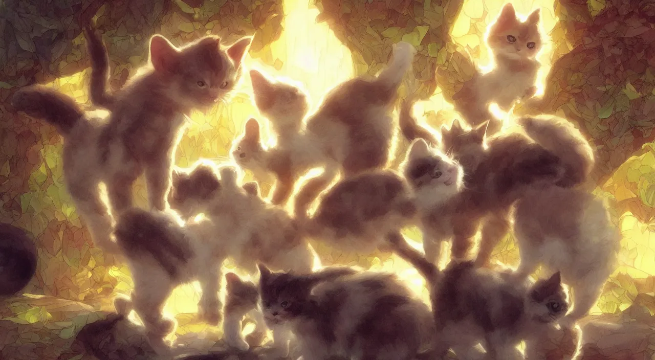 Prompt: some kittens playing around. the kittens was in a room with yellow background color. animal. digital art. artstation. realistic. vibrant. illustration. in the style of pixar movie. octane render. art by artgerm and greg rutkowski and alphonse mucha. volumetric lighting