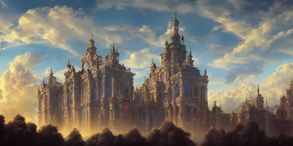 Prompt: a rococo palace in sky, with a gigantic futuristic church, clouds and towers, fortress, morning, andreas rocha, artstation, matte painting