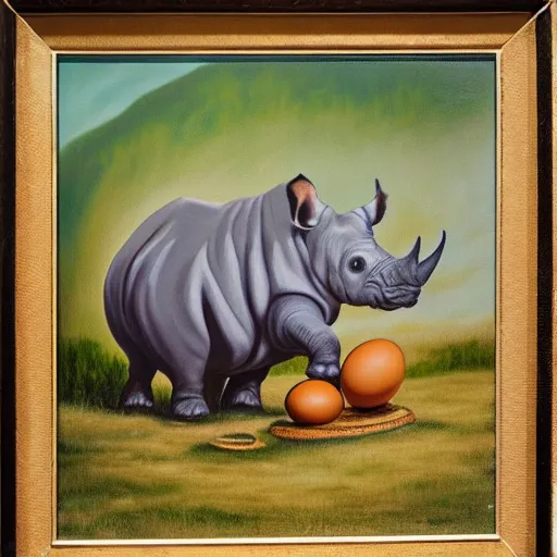 Prompt: oil on canvas of, rhinoceros hatching from an egg in hawaii