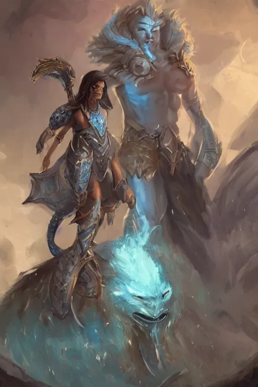 Image similar to a small blue-skinned triton girl wearing scale armor riding on a the shoulders of a large male goliath wearing fur and leather armor, dnd concept art, painting by ross tran and Tyler Jacobson