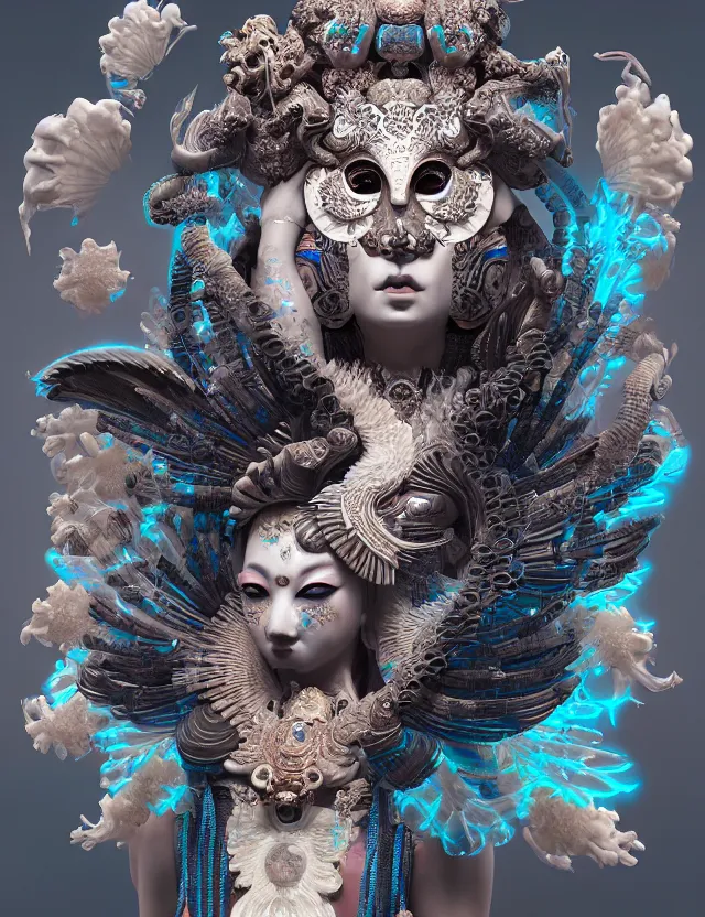 Image similar to 3 d goddess close - up 3 / 4 portrait with ram skull. beautiful intricately detailed japanese crow kitsune mask and clasical japanese kimono. betta fish, jellyfish phoenix, bio luminescent, plasma, ice, water, wind, creature, artwork by tooth wu and wlop and beeple and greg rutkowski