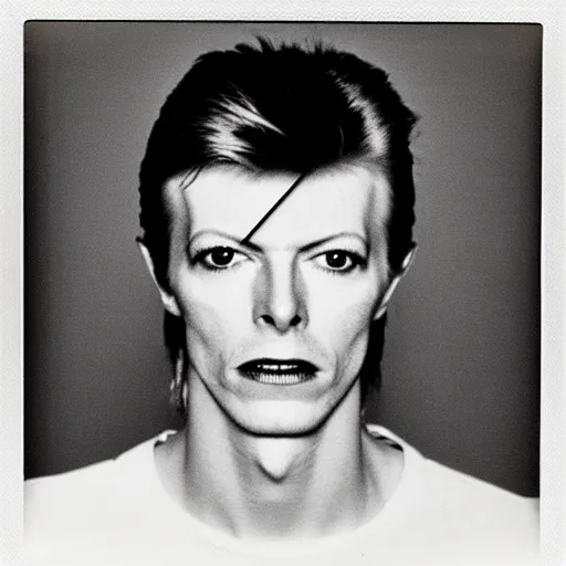 Prompt: Mugshot Portrait of Young David Bowie, taken in the 1970s, photo taken on a 1970s polaroid camera, grainy, real life, hyperrealistic, ultra realistic, realistic, highly detailed, epic, HD quality, 8k resolution, body and headshot, film still, front facing, front view, headshot and bodyshot, detailed face, very detailed face