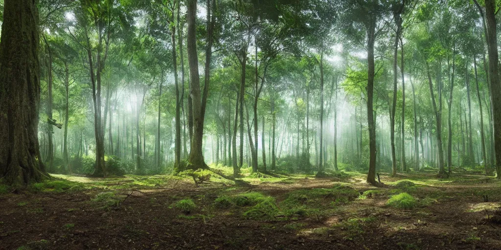 Prompt: immaculate forest with trees spaced at equidistant intervals between circular pools of water on the ground, with light flitering through the trees by Studio Ghibli, dynamic camera angle, deep 3 point perspective.