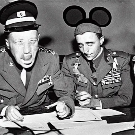 Image similar to Mickey Mouse WW2 photograph in a military meeting, Germans, dictator