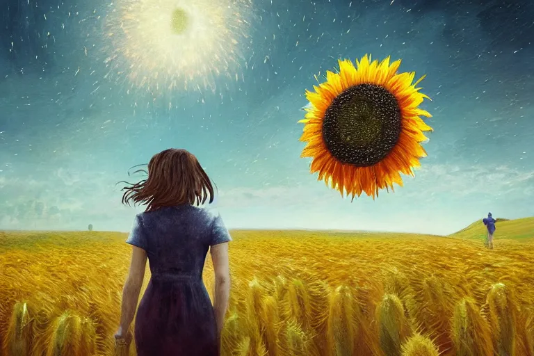 Image similar to giant sunflower as a head, girl walking in wheat field, hills, surreal photography, dark night, star trails, dramatic light, impressionist painting, clouds, digital painting, artstation, simon stalenhag