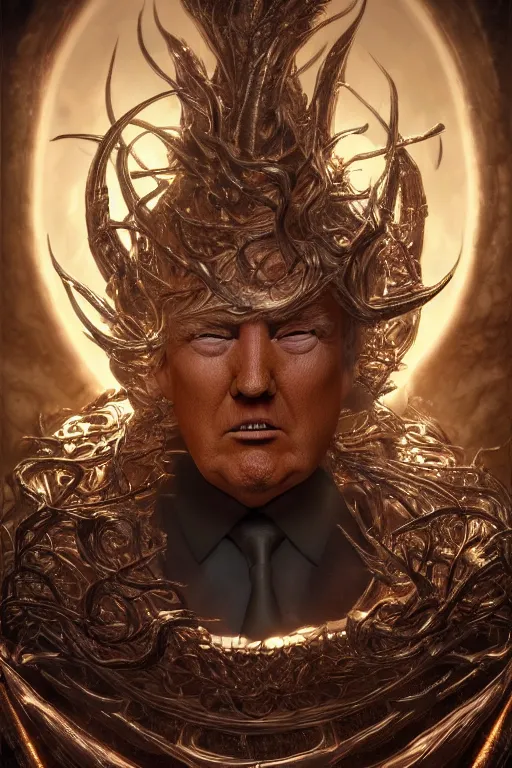 Prompt: an ultra detailed 3 d render of donald trump as an elden ring boss, 8 k resolution, in the style of a fantasy metal album cover, volumetric lighting, smooth, highly detailed, digital illustration, octane render, art by jeong seon and greg rutkowsi and alphonse mucha, artstation