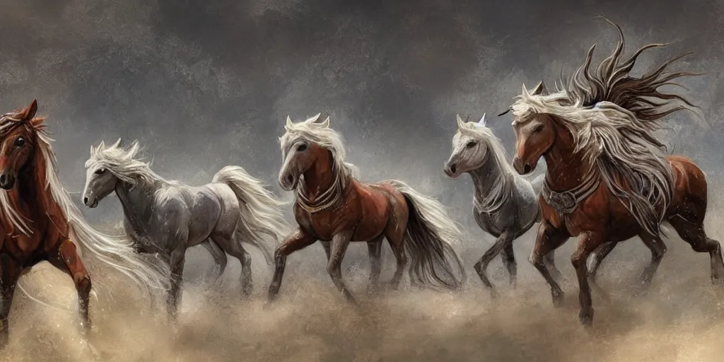 Prompt: horses made out rice, rice-horses-hybrid, galloping through the wilderness, style of Magic the Gathering, fantasy art