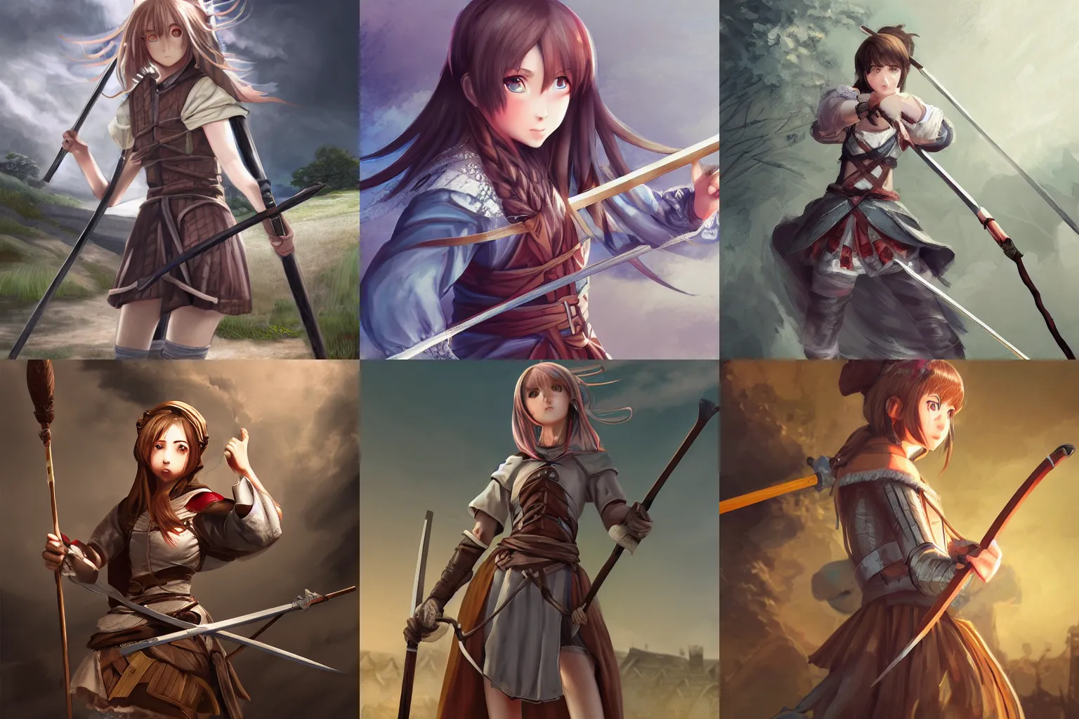 Prompt: wideshot, hyper detailed anime girl holding spear in the medieval era, dynamic lighting, photo realism, hyper realistic, 4k detailed, concept art