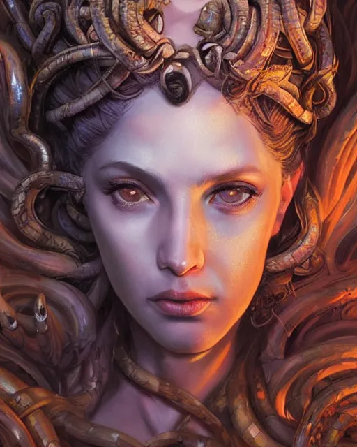 Image similar to portrait of a gorgeous Medusa , magic the gathering artwork, D&D, fantasy, cinematic lighting, centered, symmetrical, highly detailed, digital painting, artstation, concept art, smooth, sharp focus, illustration, volumetric lighting, epic Composition, 8k, art by Akihiko Yoshida and Greg Rutkowski and Craig Mullins, oil painting, cgsociety