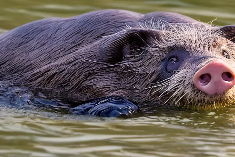 Image similar to a pig sea otter!!! hybrid! hyper realistic!! realistic lighting!! wildlife photographer of the year!!! bold natural colors, national geographic, hd, wide angle, 8 k