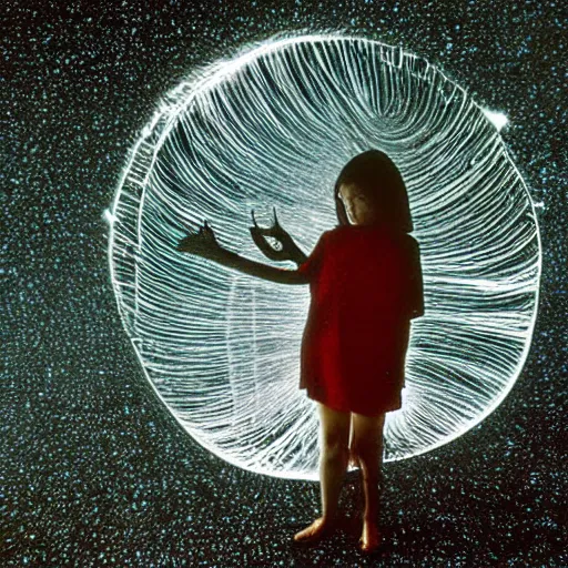 Prompt: A photograph. A rip in spacetime. Did this device in her hand open a portal to another dimension or reality?! cosmic horror by Ernst Haas, by Simon Birch natural