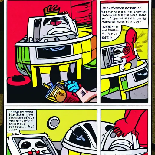 Prompt: a raccoon janitor messing with the controls on a spaceship, comic book illustration