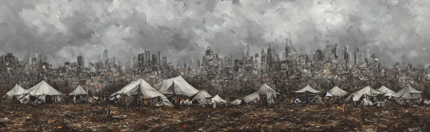 Prompt: cloudy, grey skies, american horseback knights, tent camp in foreground, fortress city of deteriorating office buildings in background upon hill, post apocalyptic, grungy; oil on canvas, artstation