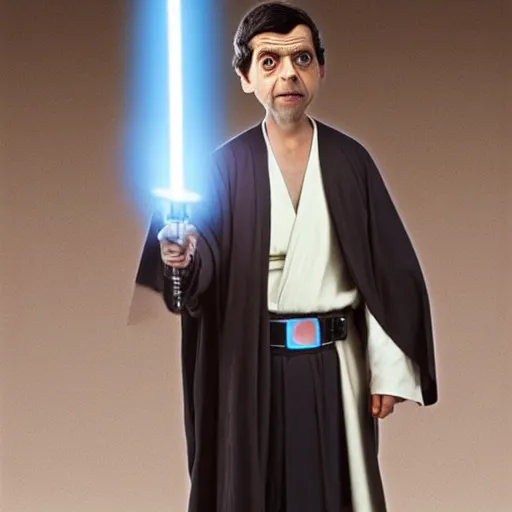 Prompt: mr beans as a jedi master holding a lightsaber, star wars, photo, realistic detail