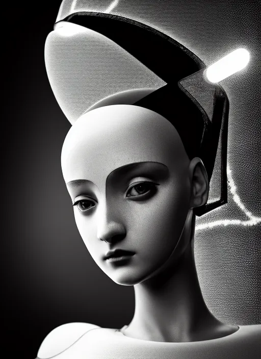 Image similar to surreal mythical dreamy dark artistic black and white fine art fashion portrait photo of a young beautiful delicate female metropolis robot loving the universe, spiritual, halo, glory, rim light, cinematic, studio dramatic light, poetic, masterpiece, octane render, 8 k, photo - realistic by william bouguereau man ray