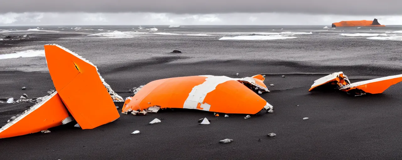 Image similar to cinematic shot of giant orange and white military spacecraft wreckage on an endless black sand beach in iceland with icebergs in the distance, 2 8 mm, shockwave