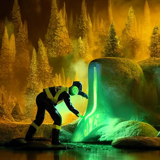 Image similar to a man in a yellow hazmat suit pours glowing green liquid into a magical river, photorealistic painting, concept art, rendering, octane, redshift, cinematic composition, volumetric lighting