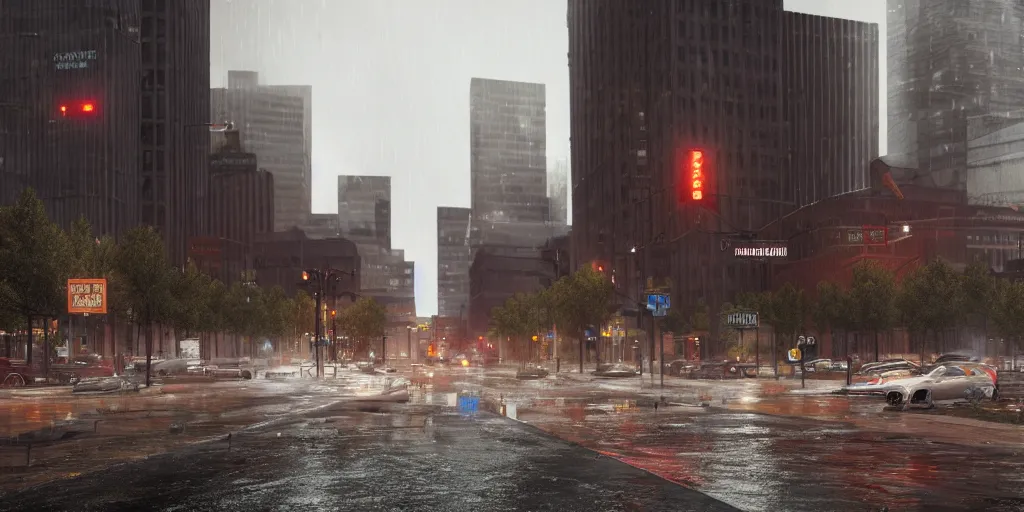 Prompt: inevitable capitalist collapse of downtown denver with heavy rain, cinematic, ultra - realistic, ultra - detailed, octane render, unreal engine 5, depth of field